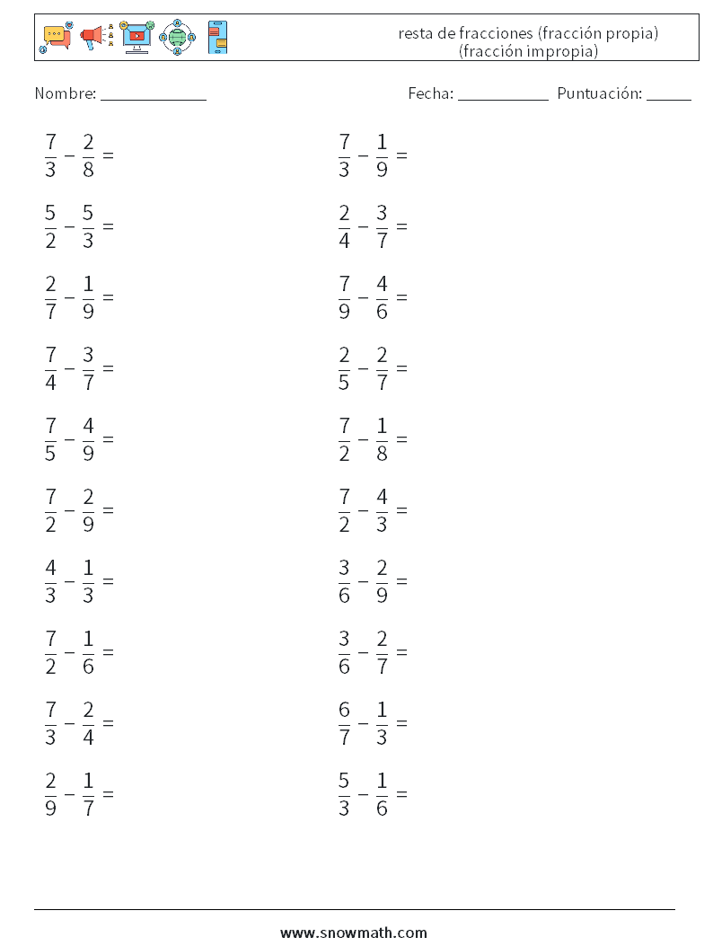 (20) resta de fracciones (fracción propia) (fracción impropia) Hojas de trabajo de matemáticas 4
