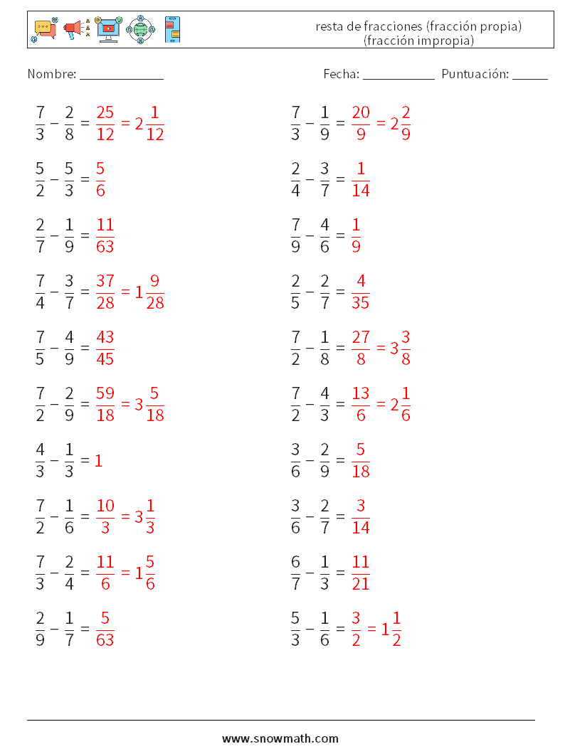 (20) resta de fracciones (fracción propia) (fracción impropia) Hojas de trabajo de matemáticas 4 Pregunta, respuesta