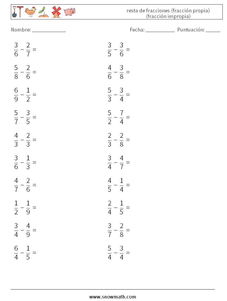 (20) resta de fracciones (fracción propia) (fracción impropia) Hojas de trabajo de matemáticas 5