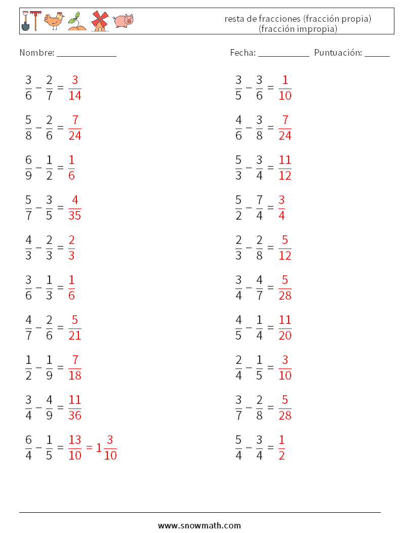 (20) resta de fracciones (fracción propia) (fracción impropia) Hojas de trabajo de matemáticas 5 Pregunta, respuesta