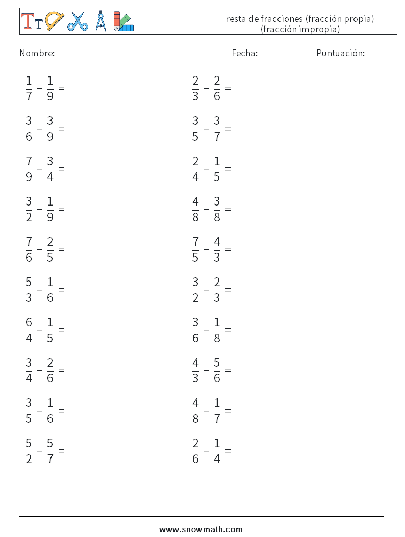 (20) resta de fracciones (fracción propia) (fracción impropia) Hojas de trabajo de matemáticas 6