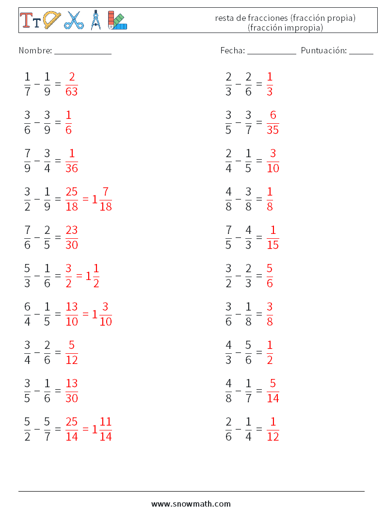 (20) resta de fracciones (fracción propia) (fracción impropia) Hojas de trabajo de matemáticas 6 Pregunta, respuesta