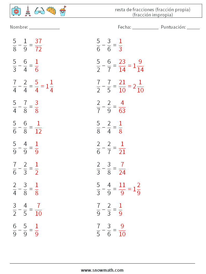 (20) resta de fracciones (fracción propia) (fracción impropia) Hojas de trabajo de matemáticas 7 Pregunta, respuesta