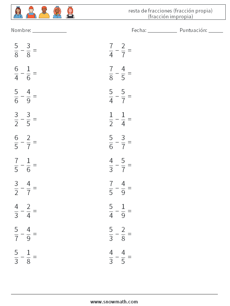 (20) resta de fracciones (fracción propia) (fracción impropia) Hojas de trabajo de matemáticas 8