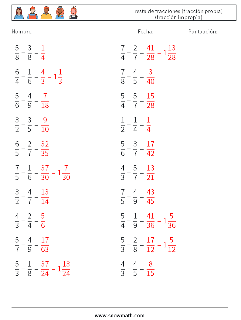 (20) resta de fracciones (fracción propia) (fracción impropia) Hojas de trabajo de matemáticas 8 Pregunta, respuesta