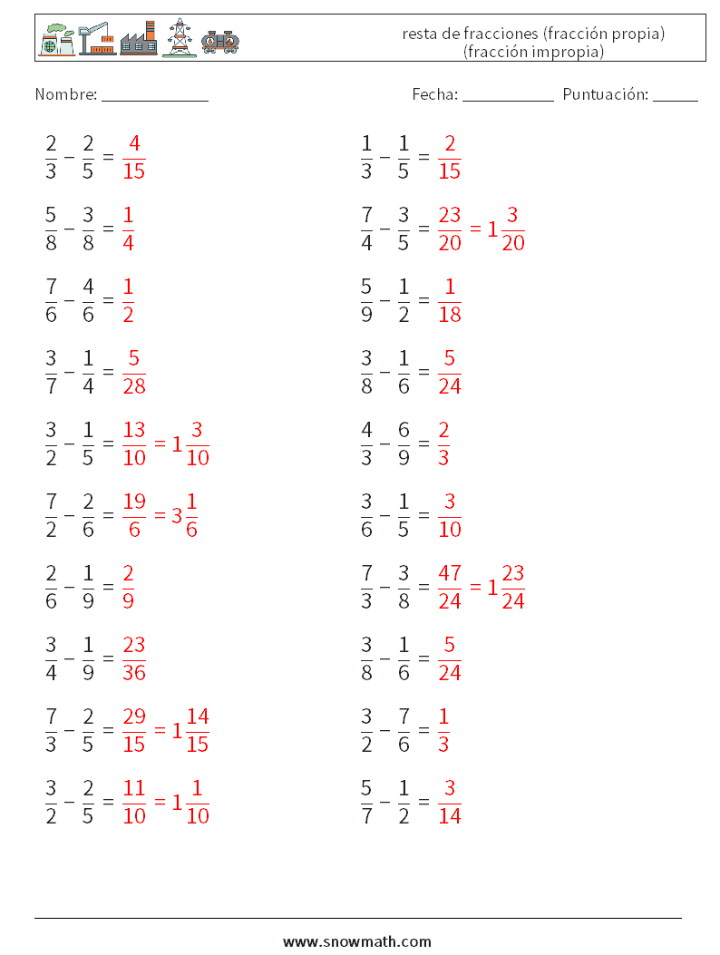 (20) resta de fracciones (fracción propia) (fracción impropia) Hojas de trabajo de matemáticas 9 Pregunta, respuesta