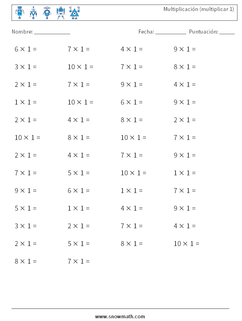 (50) Multiplicación (multiplicar 1) Hojas de trabajo de matemáticas 3