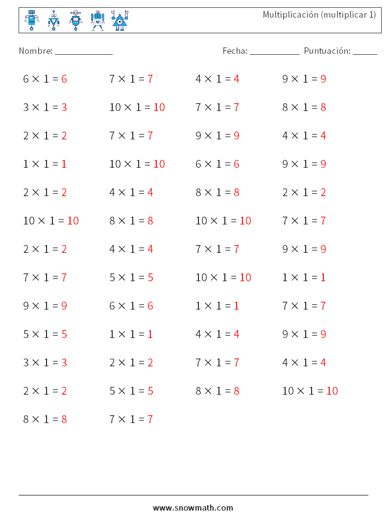 (50) Multiplicación (multiplicar 1) Hojas de trabajo de matemáticas 3 Pregunta, respuesta