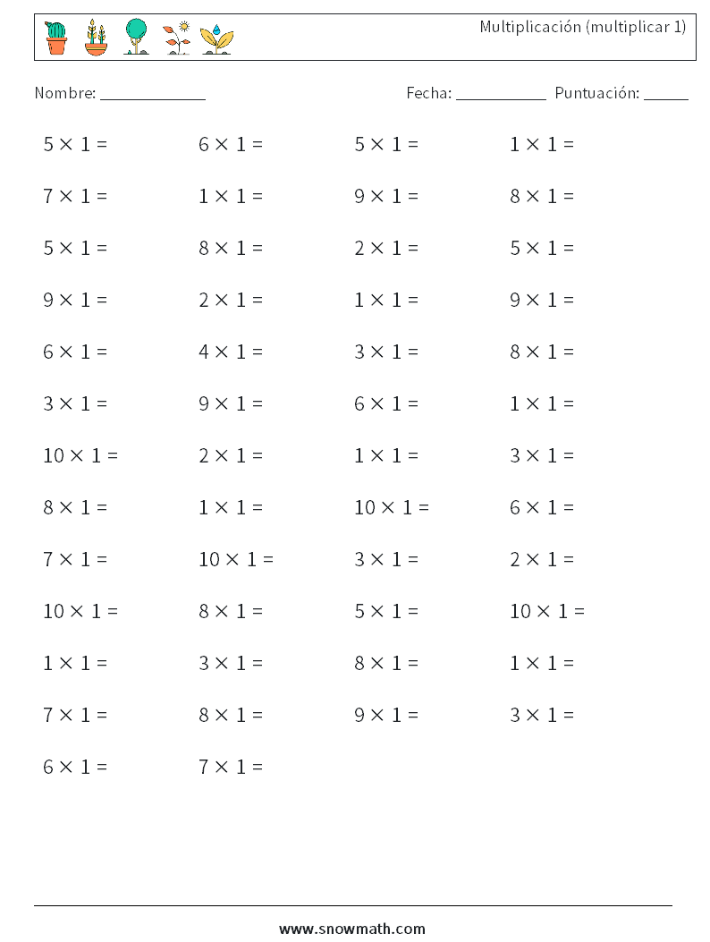 (50) Multiplicación (multiplicar 1) Hojas de trabajo de matemáticas 5