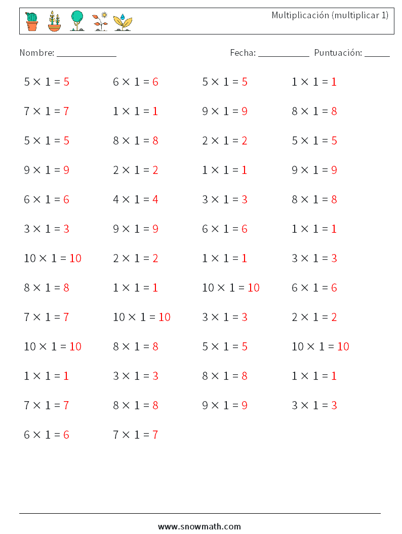 (50) Multiplicación (multiplicar 1) Hojas de trabajo de matemáticas 5 Pregunta, respuesta