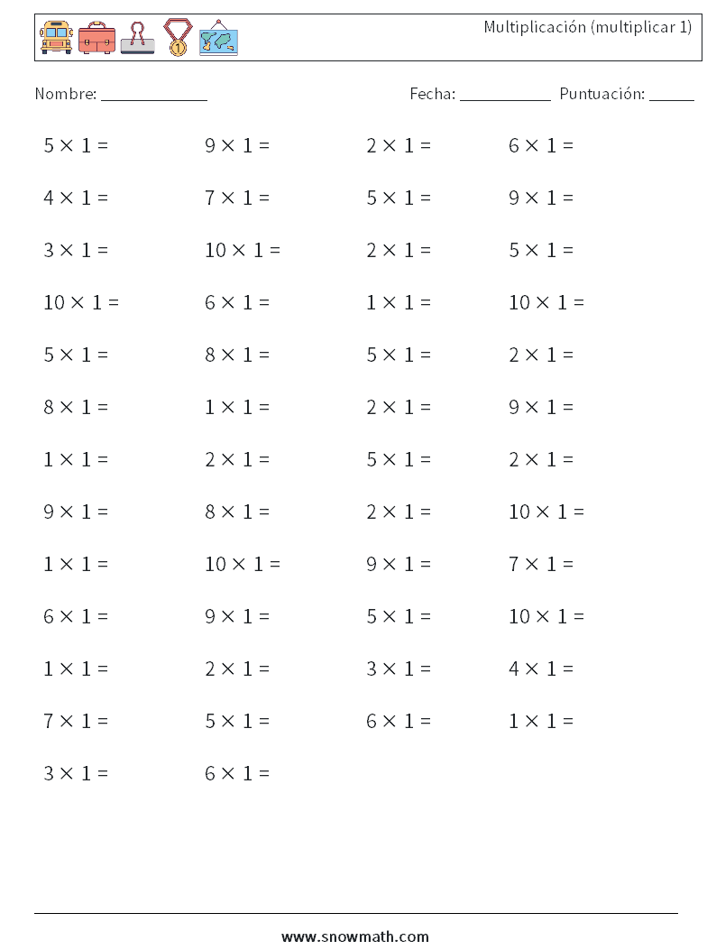 (50) Multiplicación (multiplicar 1) Hojas de trabajo de matemáticas 6