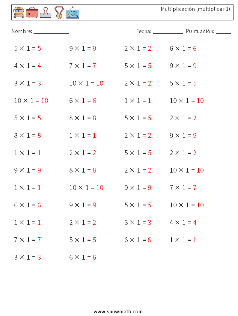 (50) Multiplicación (multiplicar 1) Hojas de trabajo de matemáticas 6 Pregunta, respuesta