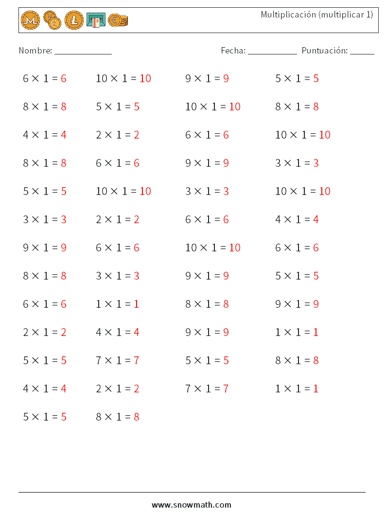 (50) Multiplicación (multiplicar 1) Hojas de trabajo de matemáticas 7 Pregunta, respuesta