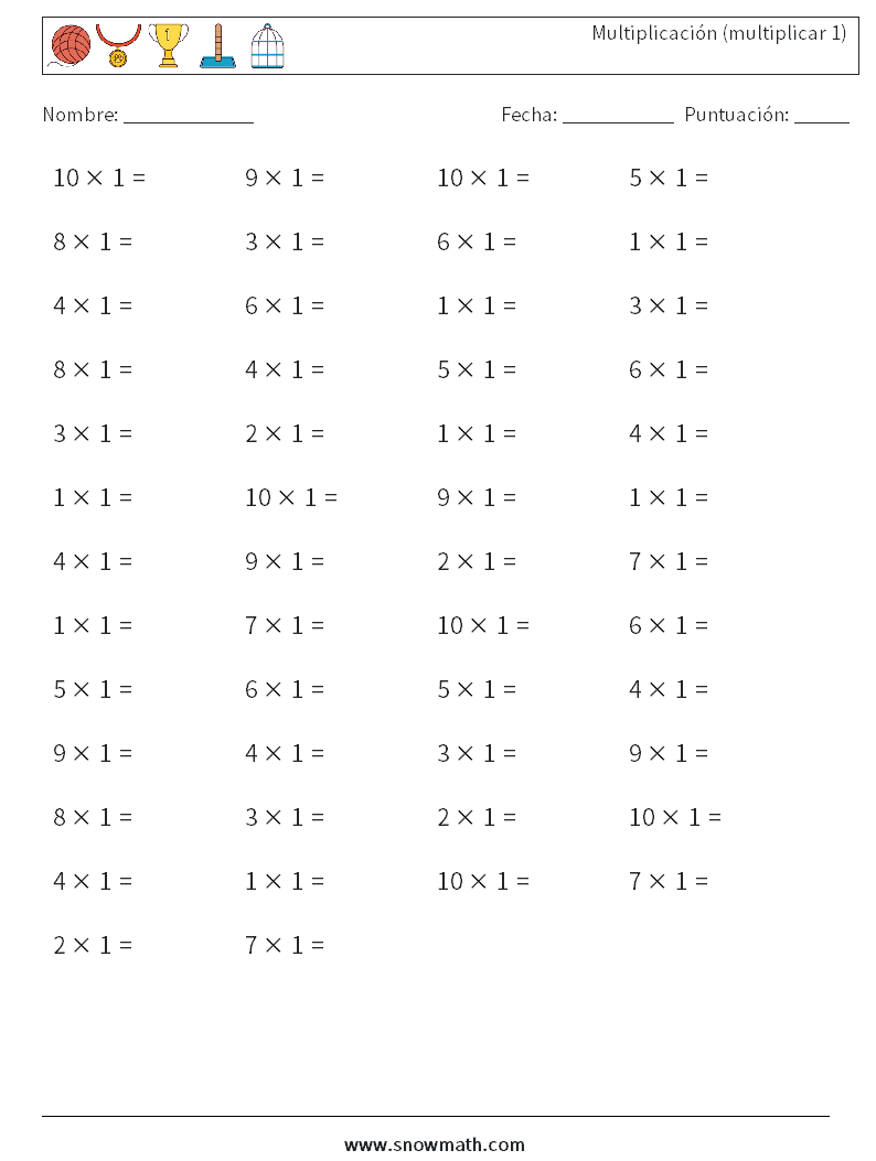 (50) Multiplicación (multiplicar 1) Hojas de trabajo de matemáticas 8