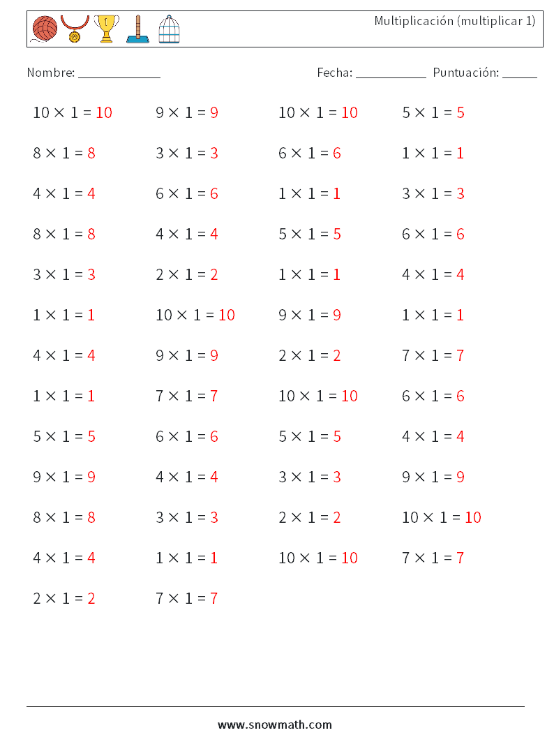 (50) Multiplicación (multiplicar 1) Hojas de trabajo de matemáticas 8 Pregunta, respuesta