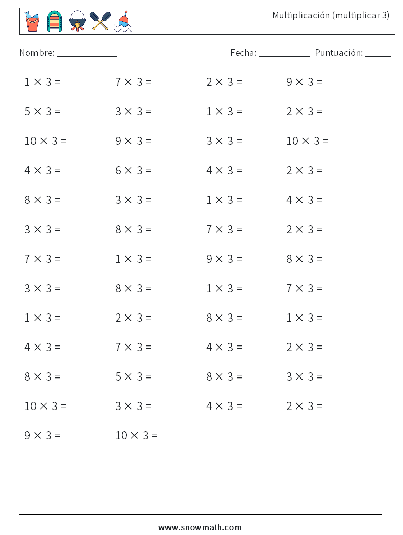 (50) Multiplicación (multiplicar 3) Hojas de trabajo de matemáticas 2