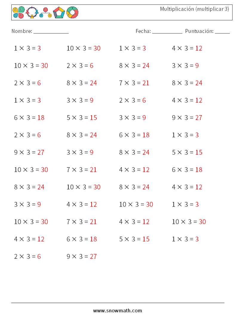 (50) Multiplicación (multiplicar 3) Hojas de trabajo de matemáticas 6 Pregunta, respuesta