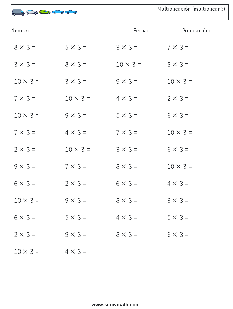 (50) Multiplicación (multiplicar 3) Hojas de trabajo de matemáticas 9