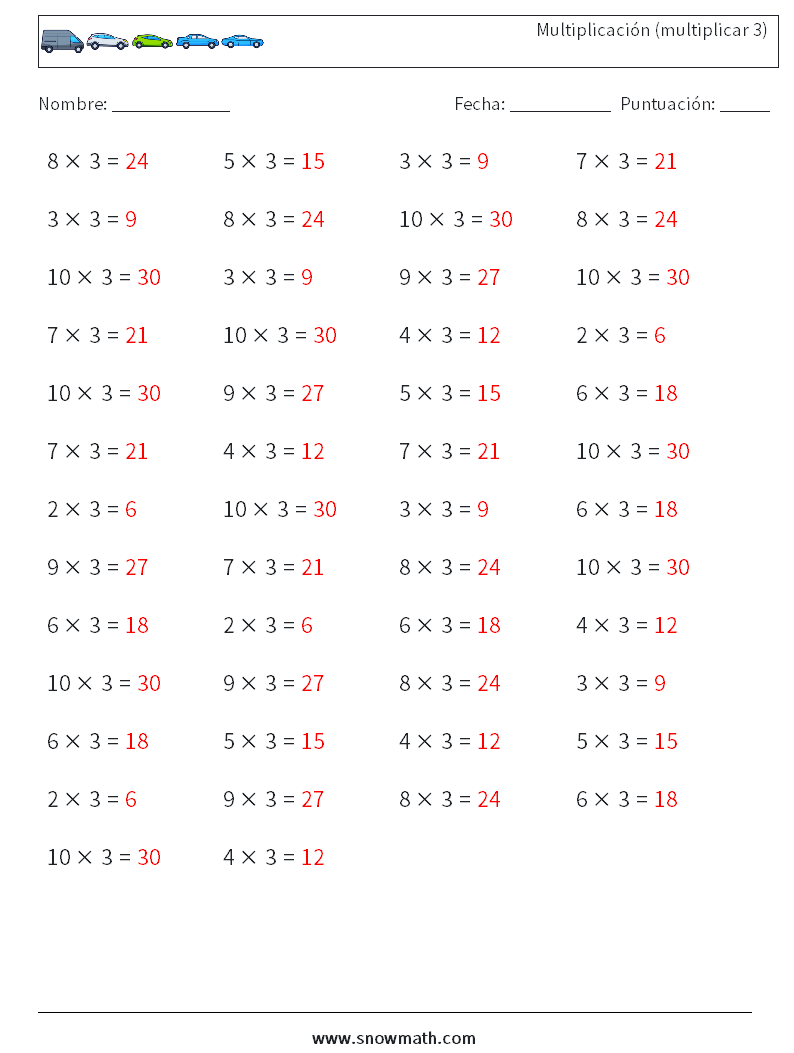 (50) Multiplicación (multiplicar 3) Hojas de trabajo de matemáticas 9 Pregunta, respuesta