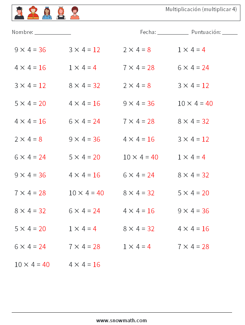 (50) Multiplicación (multiplicar 4) Hojas de trabajo de matemáticas 4 Pregunta, respuesta