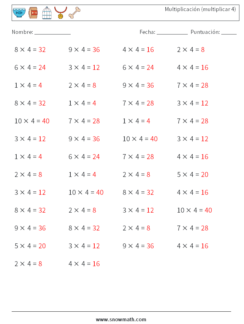 (50) Multiplicación (multiplicar 4) Hojas de trabajo de matemáticas 7 Pregunta, respuesta