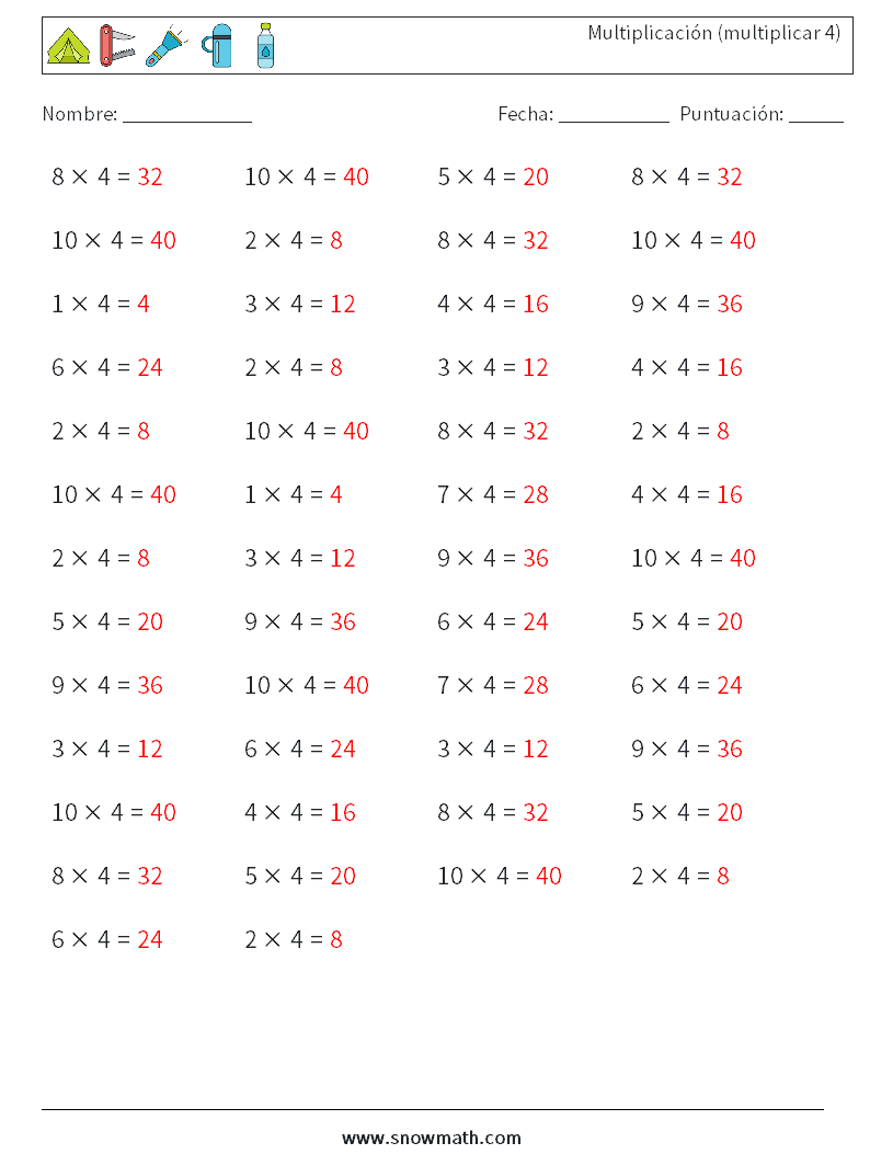 (50) Multiplicación (multiplicar 4) Hojas de trabajo de matemáticas 8 Pregunta, respuesta