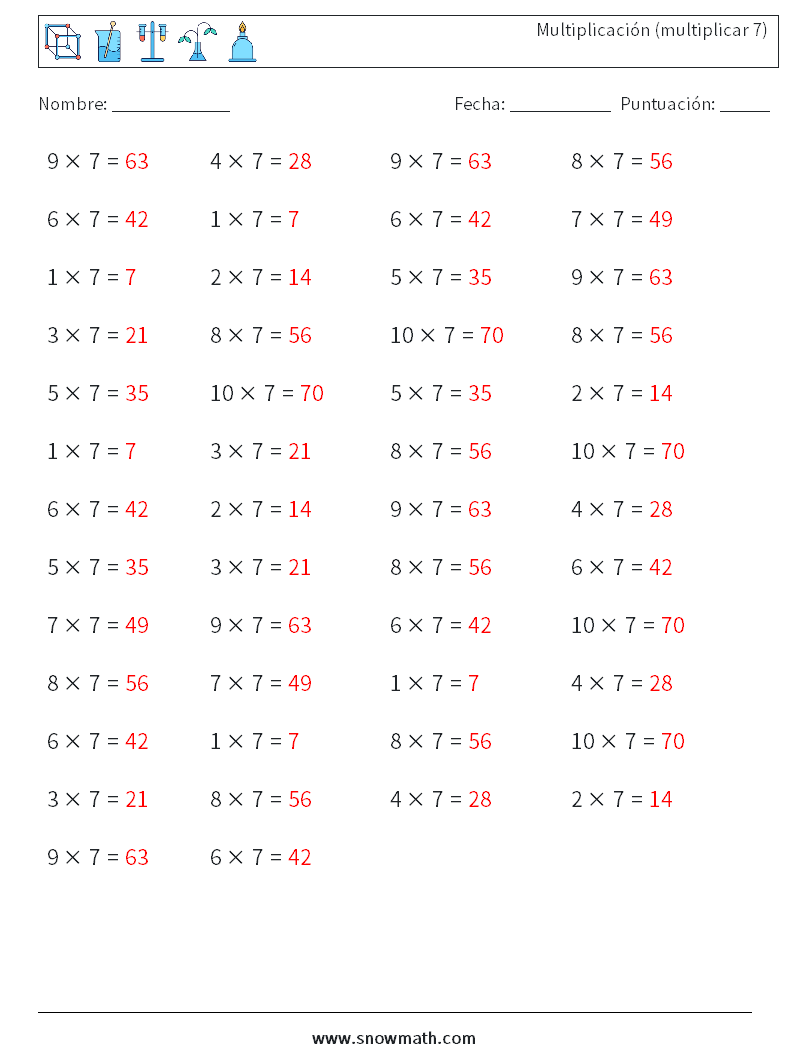 (50) Multiplicación (multiplicar 7) Hojas de trabajo de matemáticas 6 Pregunta, respuesta