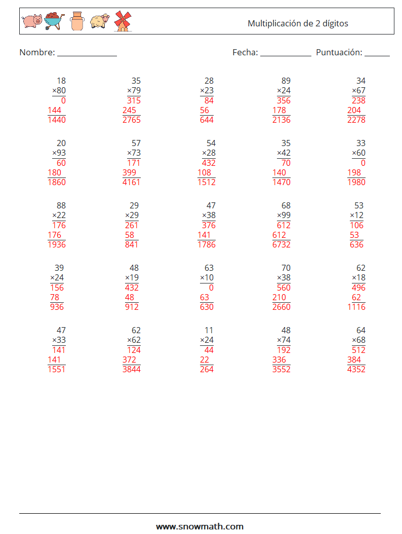 (25) Multiplicación de 2 dígitos Hojas de trabajo de matemáticas 10 Pregunta, respuesta