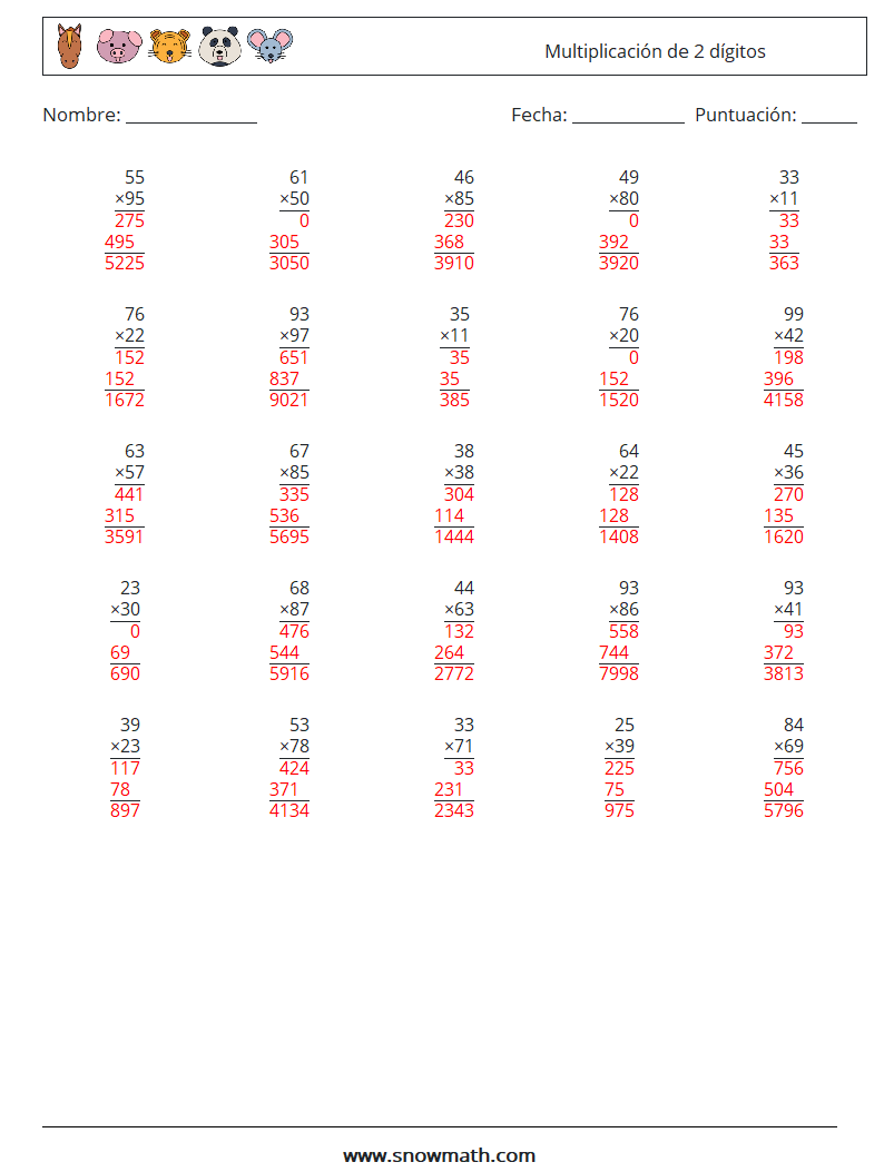 (25) Multiplicación de 2 dígitos Hojas de trabajo de matemáticas 11 Pregunta, respuesta