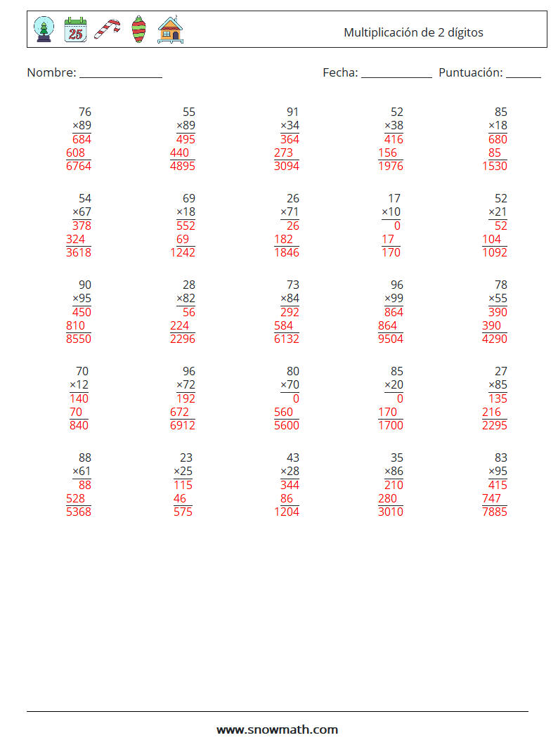 (25) Multiplicación de 2 dígitos Hojas de trabajo de matemáticas 12 Pregunta, respuesta