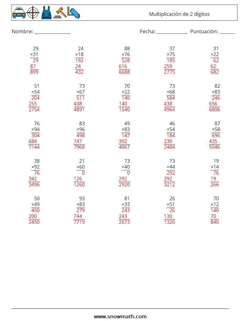 (25) Multiplicación de 2 dígitos Hojas de trabajo de matemáticas 13 Pregunta, respuesta