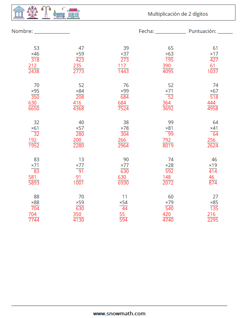 (25) Multiplicación de 2 dígitos Hojas de trabajo de matemáticas 14 Pregunta, respuesta