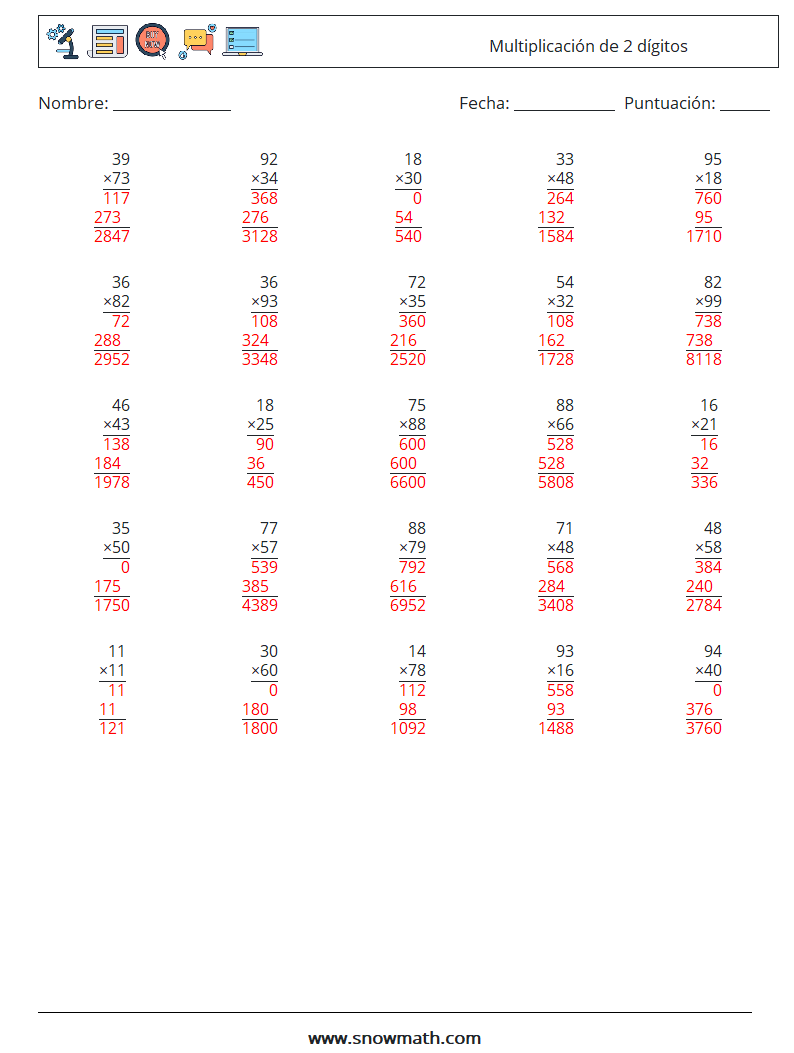 (25) Multiplicación de 2 dígitos Hojas de trabajo de matemáticas 15 Pregunta, respuesta