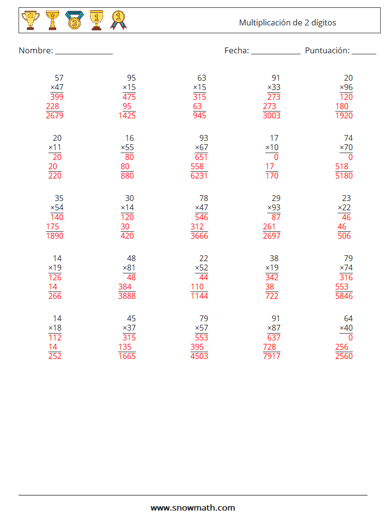 (25) Multiplicación de 2 dígitos Hojas de trabajo de matemáticas 16 Pregunta, respuesta