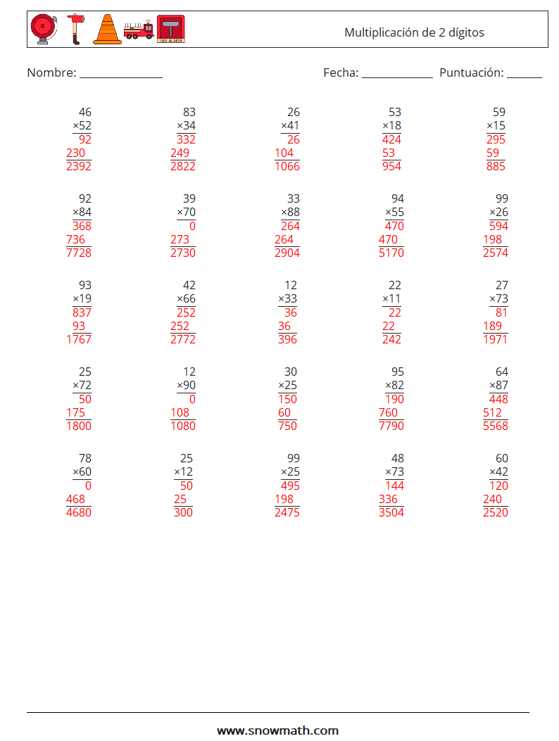 (25) Multiplicación de 2 dígitos Hojas de trabajo de matemáticas 17 Pregunta, respuesta