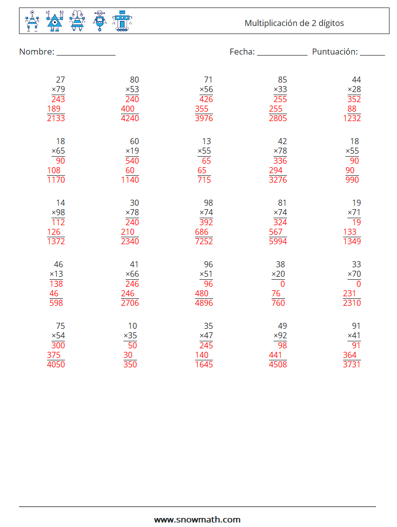 (25) Multiplicación de 2 dígitos Hojas de trabajo de matemáticas 18 Pregunta, respuesta