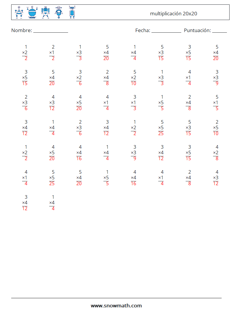 (50) multiplicación 20x20 Hojas de trabajo de matemáticas 11 Pregunta, respuesta