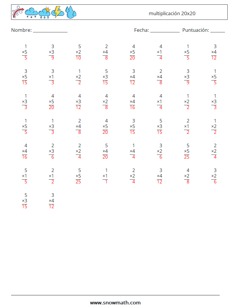 (50) multiplicación 20x20 Hojas de trabajo de matemáticas 13 Pregunta, respuesta