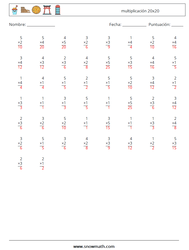 (50) multiplicación 20x20 Hojas de trabajo de matemáticas 16 Pregunta, respuesta