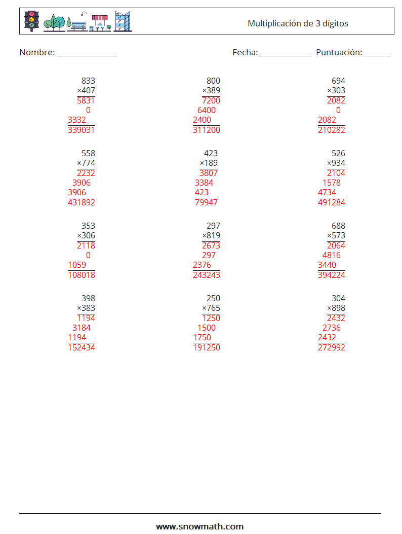 (12) Multiplicación de 3 dígitos Hojas de trabajo de matemáticas 10 Pregunta, respuesta