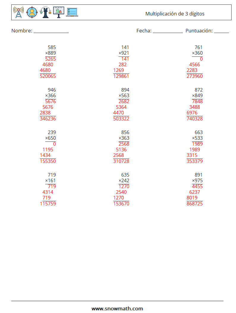 (12) Multiplicación de 3 dígitos Hojas de trabajo de matemáticas 17 Pregunta, respuesta