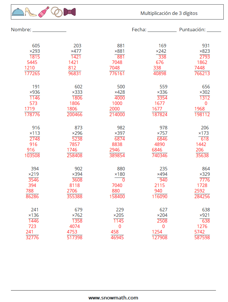 (25) Multiplicación de 3 dígitos Hojas de trabajo de matemáticas 13 Pregunta, respuesta