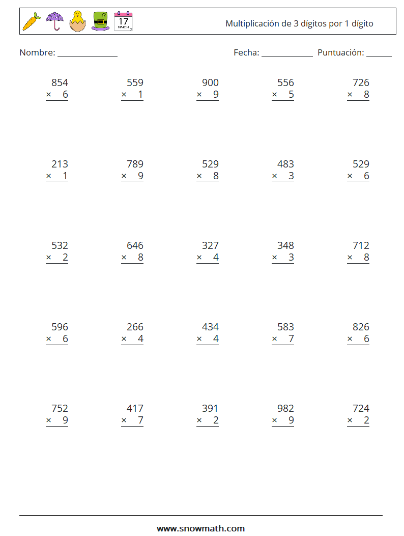 (25) Multiplicación de 3 dígitos por 1 dígito