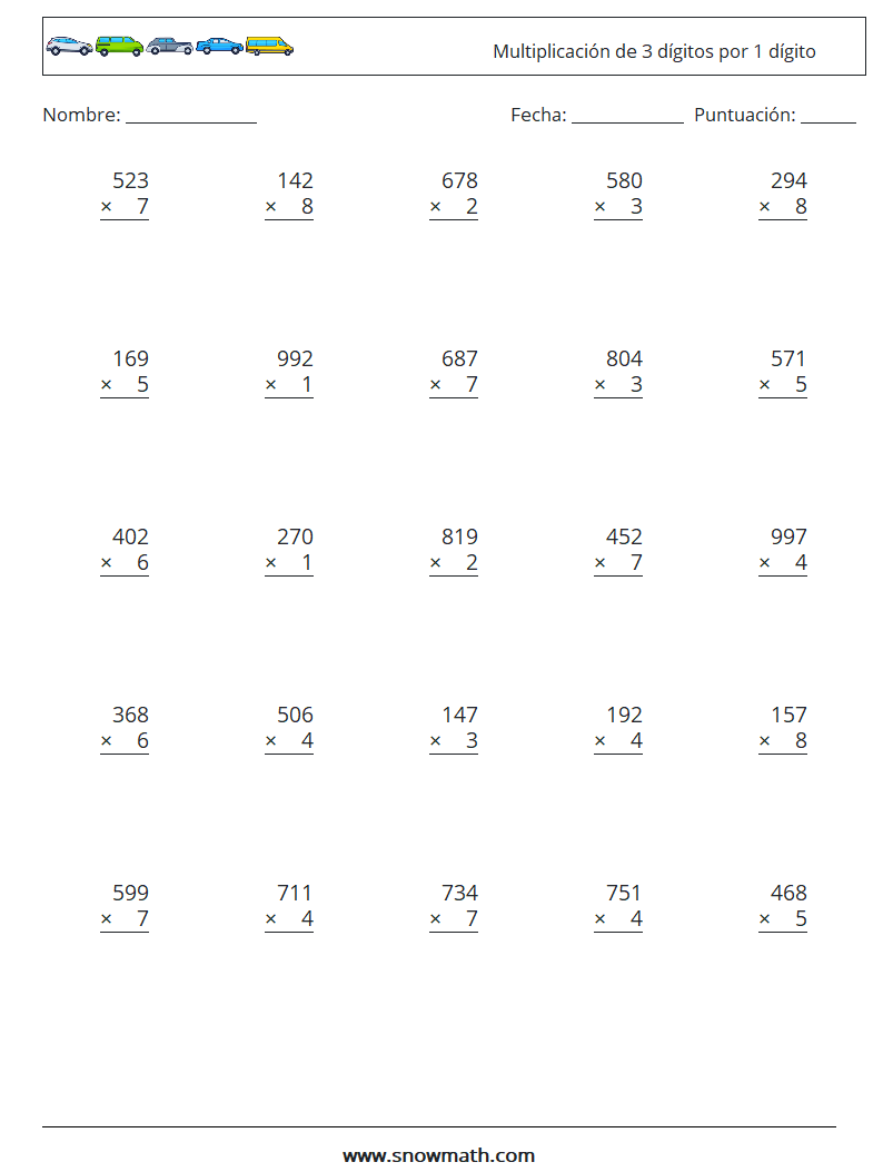 (25) Multiplicación de 3 dígitos por 1 dígito Hojas de trabajo de matemáticas 11