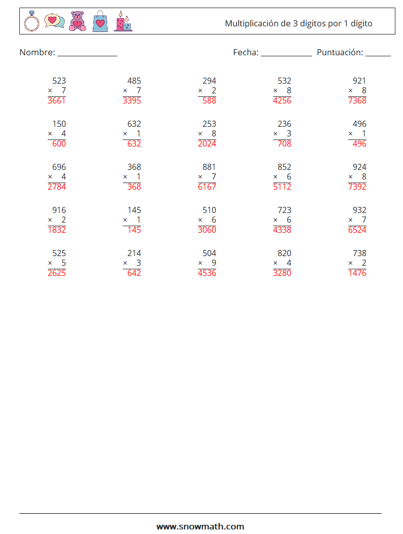 (25) Multiplicación de 3 dígitos por 1 dígito Hojas de trabajo de matemáticas 12 Pregunta, respuesta