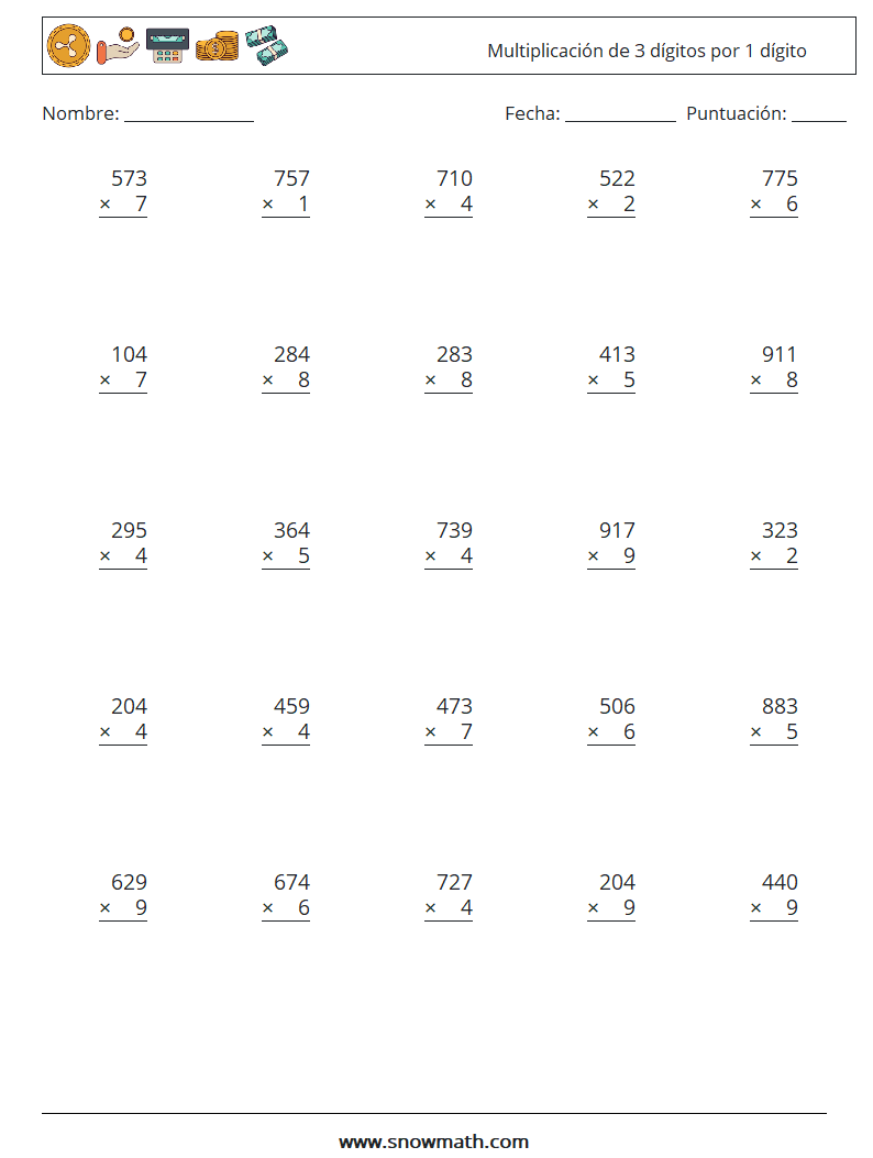 (25) Multiplicación de 3 dígitos por 1 dígito Hojas de trabajo de matemáticas 13
