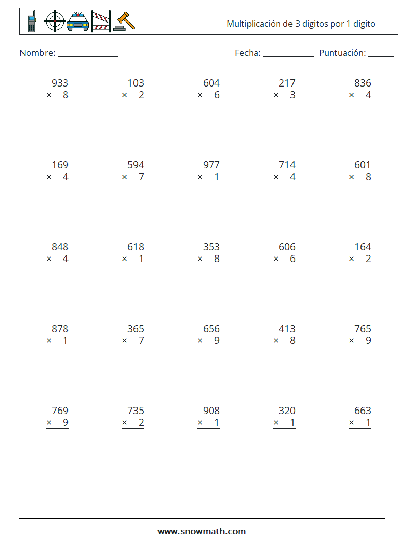 (25) Multiplicación de 3 dígitos por 1 dígito Hojas de trabajo de matemáticas 14