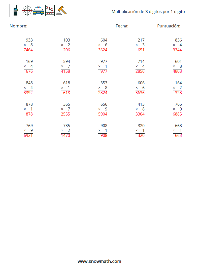 (25) Multiplicación de 3 dígitos por 1 dígito Hojas de trabajo de matemáticas 14 Pregunta, respuesta