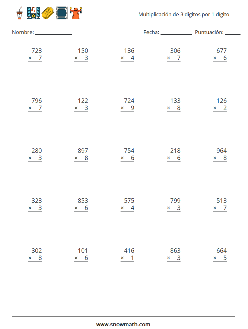 (25) Multiplicación de 3 dígitos por 1 dígito Hojas de trabajo de matemáticas 16