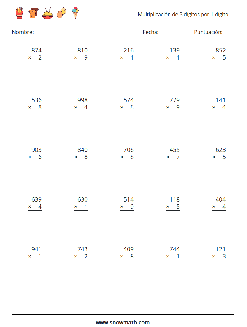 (25) Multiplicación de 3 dígitos por 1 dígito Hojas de trabajo de matemáticas 17